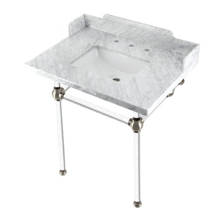 KINGSTON BRASS 30 Carrara Marble Console Sink with Acrylic Legs, Marble WhiteBrushed Nickel LMS30MASQ8